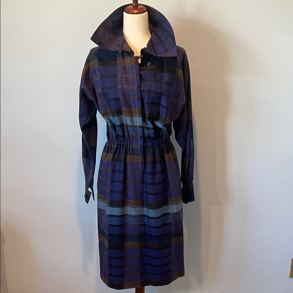 Christian Dior Boutique Vintage Plaid Shirt Dress | Wool Blend | Blue Brown | 8